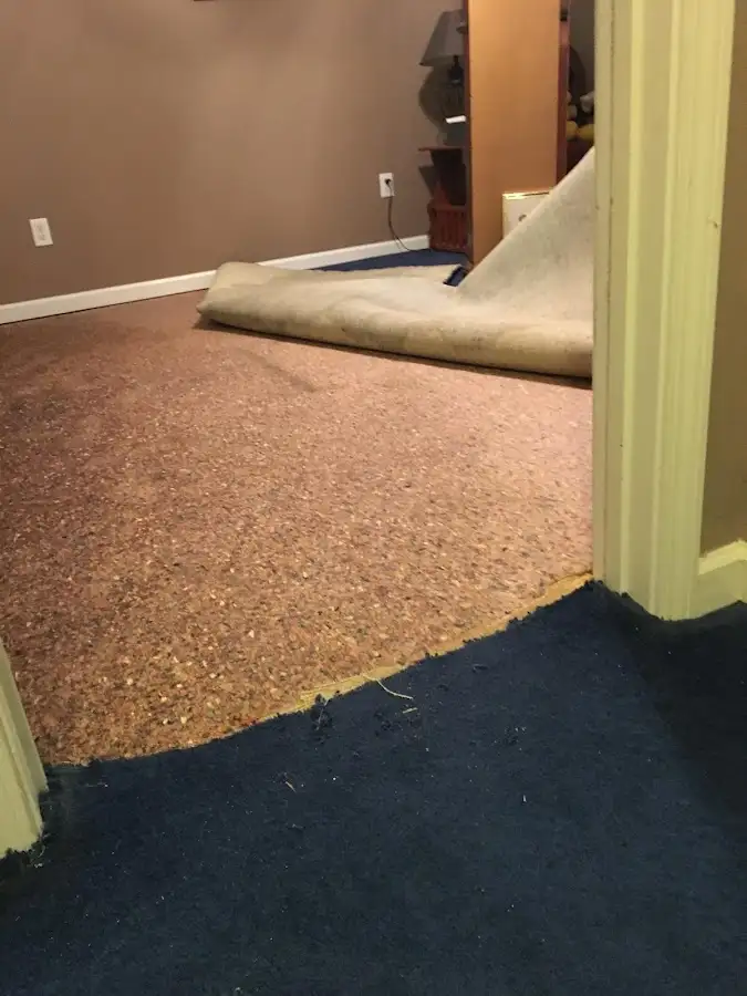 Carpet pad removal revealing water damage during Drying & Dehumidification in Lockhart